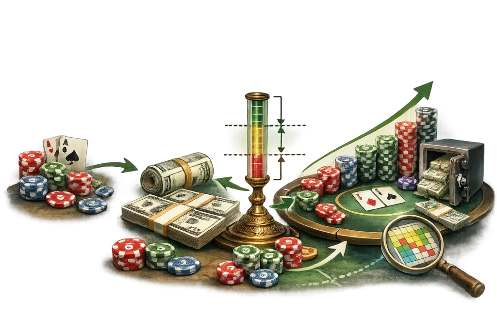 Poker bankroll management illustration with chips and safe